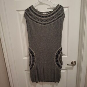 Cache Sweater Dress Womens L Gray Fair Isle Knit Sleeveless Sheath Lamb's Wool‎